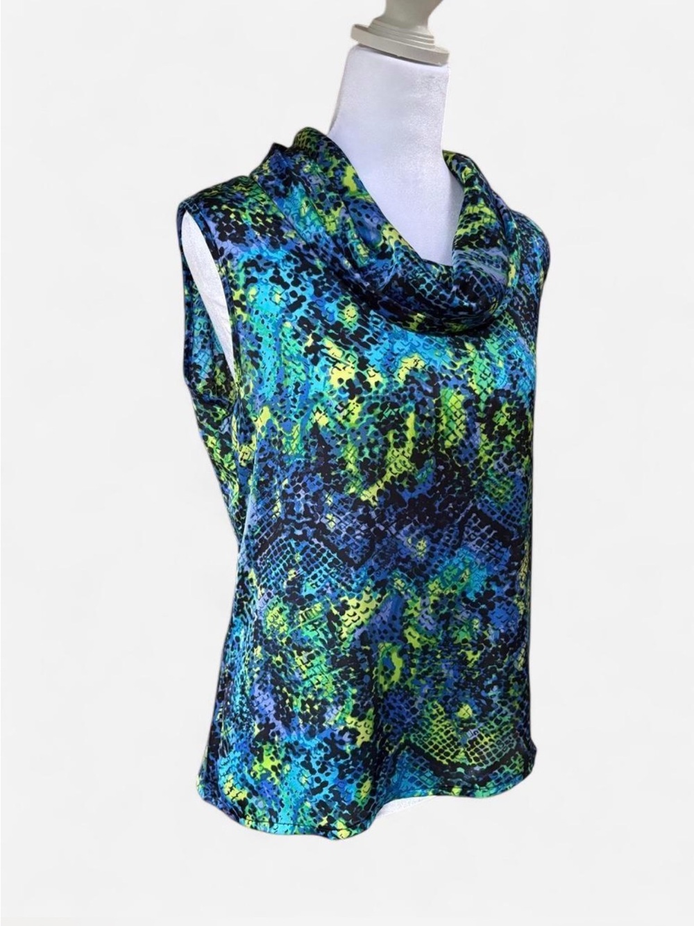 Investments Sleeveless Cowl Neck Tank in Blue & Green Abstract Print